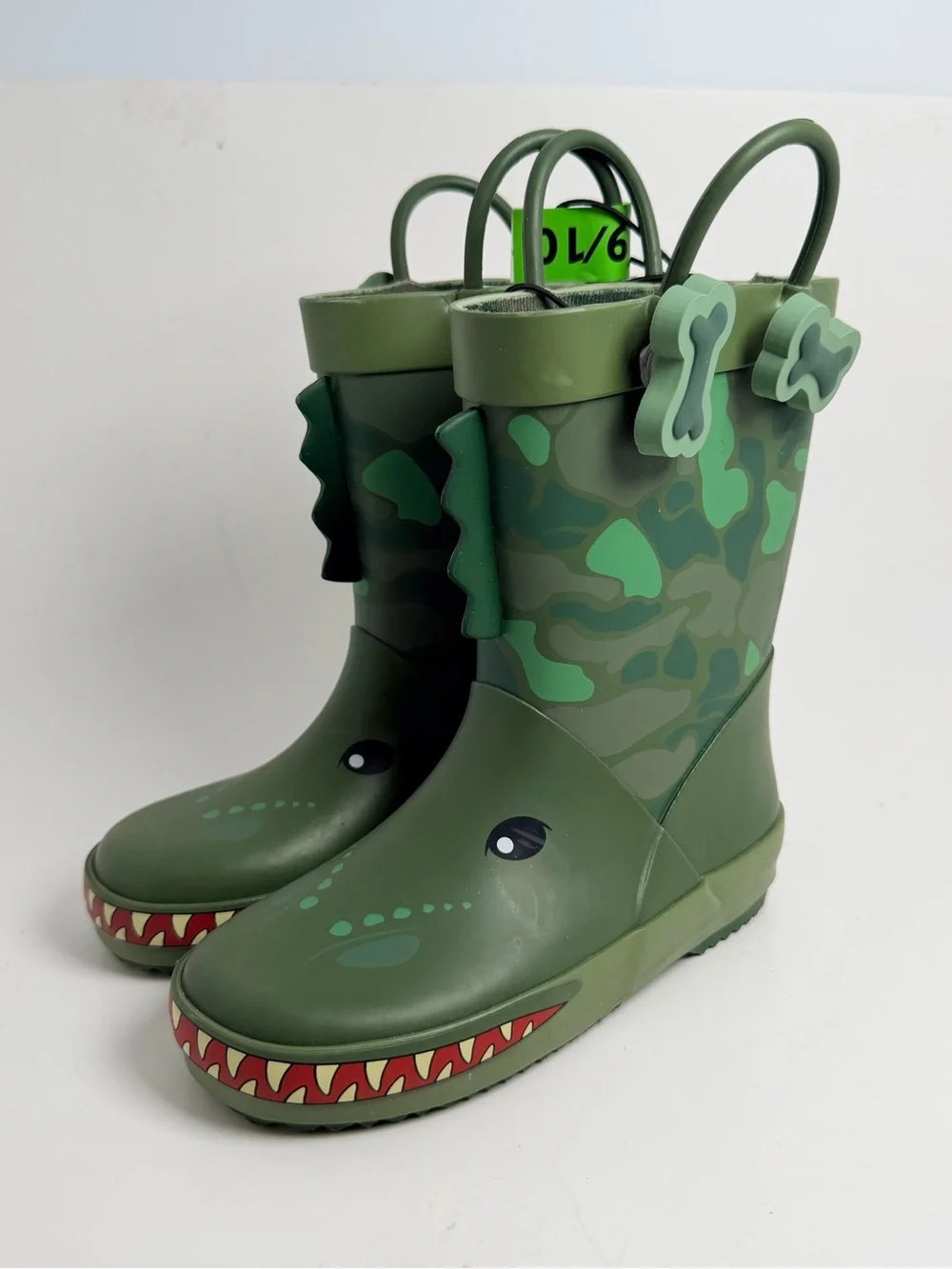 Kids Green Dino Camo Rain & Snow Boots with Playful Dino Face